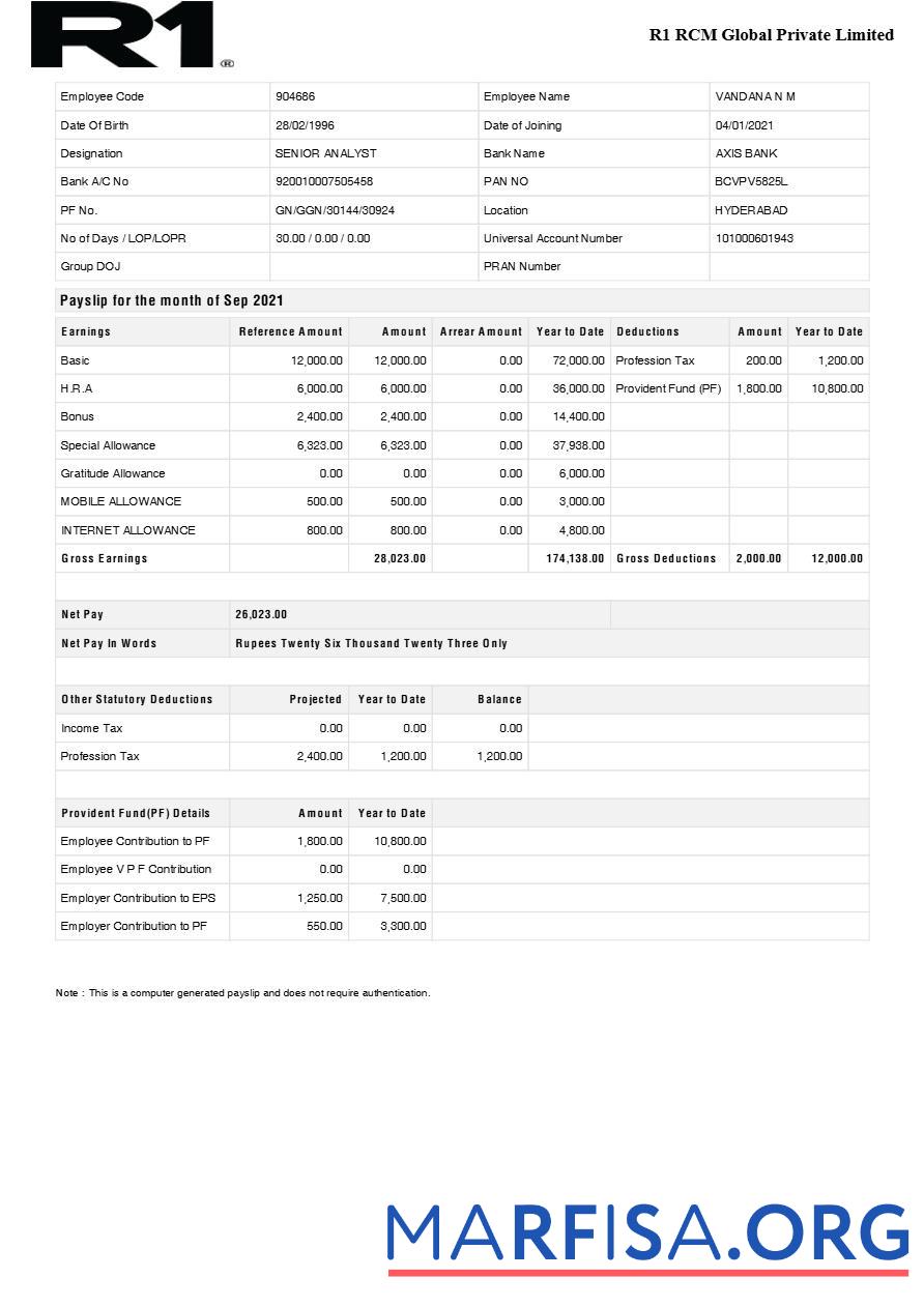 Printable R1 RCM Global Pvt Ltd payslip real example